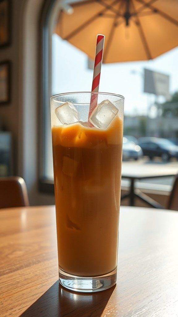 A glass of iced coffee with a red and white striped straw, sitting on a wooden table with sunlight streaming in.