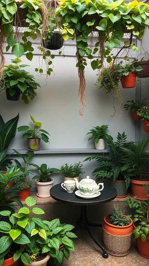 A cozy indoor tea corner filled with various green plants and a tea set on a black table.