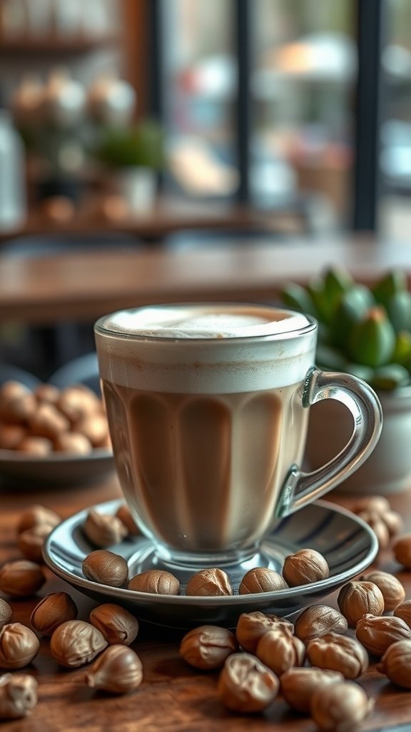 A cup of hazelnut cappuccino surrounded by hazelnuts on a wooden table.