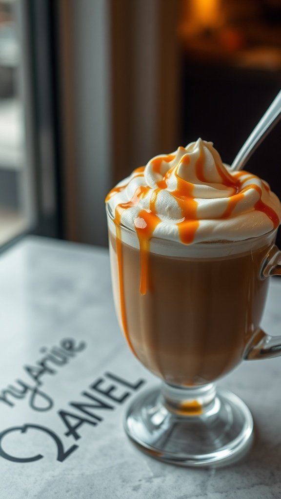 A delicious caramel cappuccino topped with whipped cream and caramel drizzle