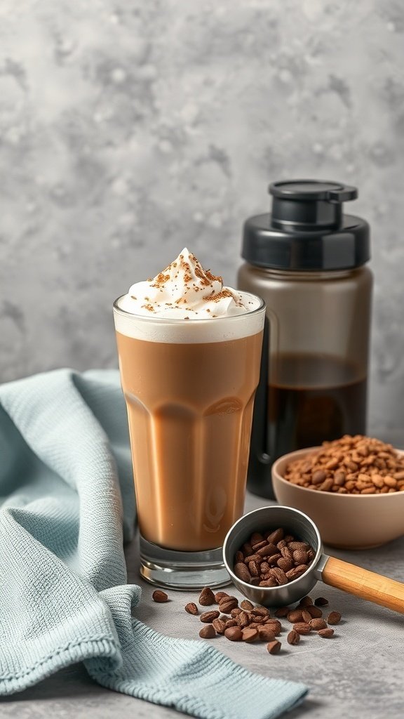 A glass of coffee frappe topped with whipped cream and cocoa, with coffee beans and a measuring scoop nearby.