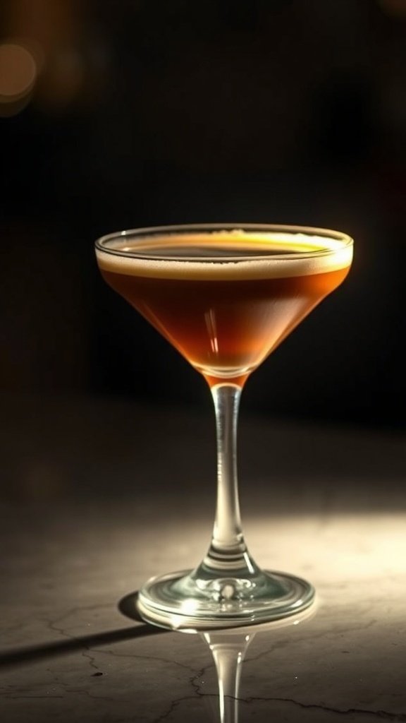 A beautifully crafted Double Shot Coffee Martini in a sleek glass, showcasing its rich brown color and frothy top.