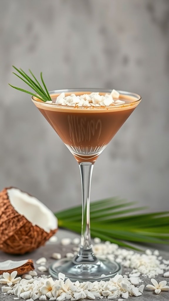 Coconut Coffee Martini with shredded coconut and greenery