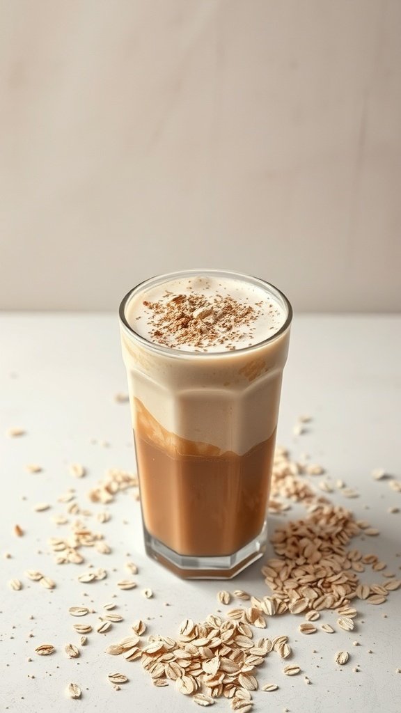 A glass of oat milk coffee frappe with oats scattered around