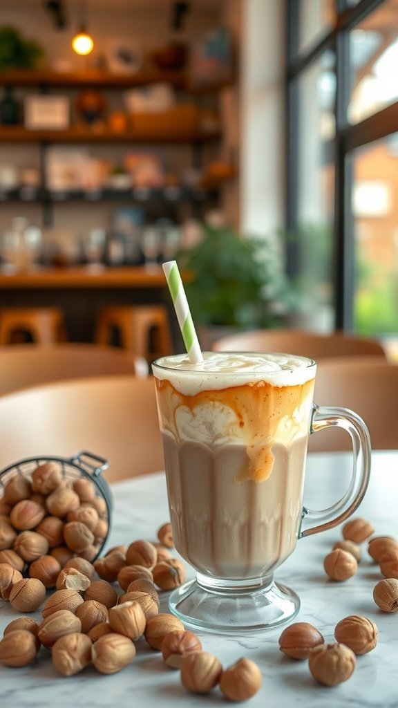 A glass of hazelnut coffee frappe with whipped cream and caramel drizzle, surrounded by hazelnuts.