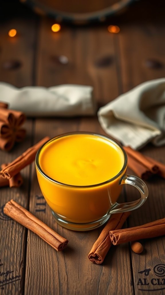 A cozy cup of golden milk turmeric latte surrounded by cinnamon sticks.