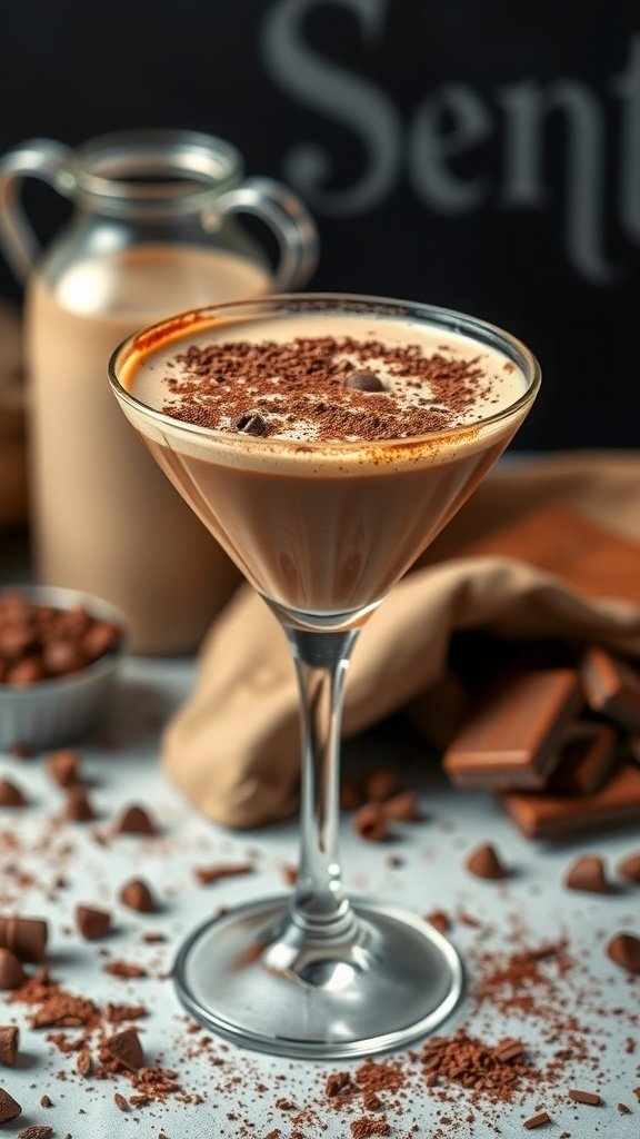 A Mocha Coffee Martini garnished with cocoa powder, surrounded by chocolate pieces and a bottle of creamy liqueur.