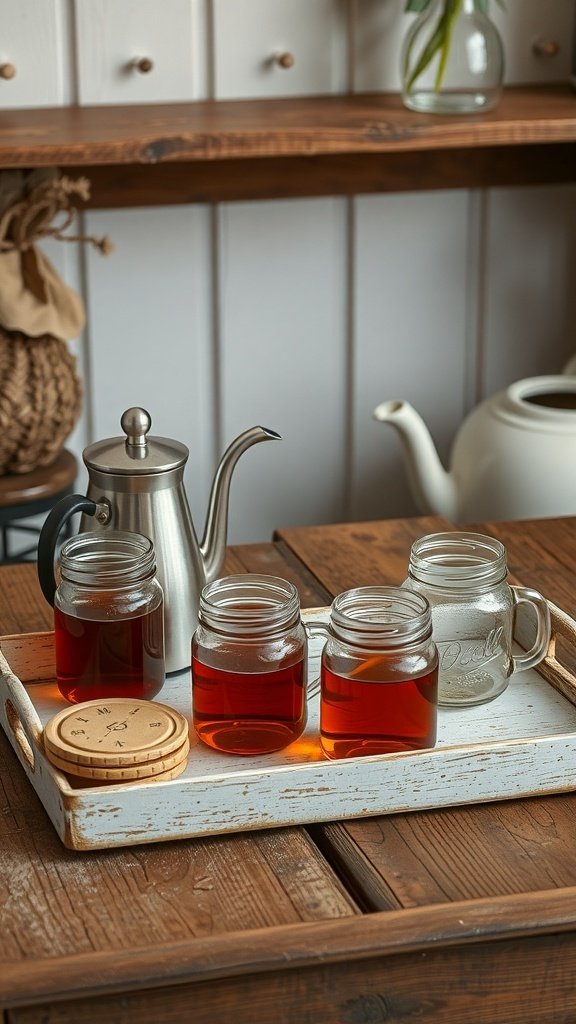 A rustic tea nook featuring wooden elements, mason jars with tea, and a silver teapot.