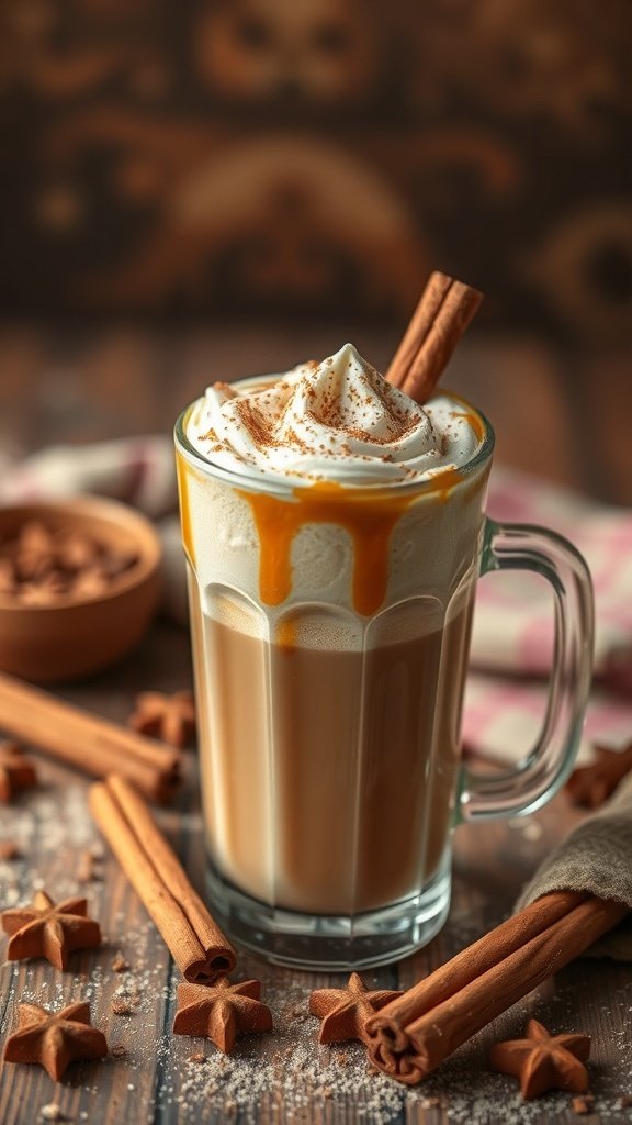 A glass of Cinnamon Caramel Frappe topped with whipped cream and caramel drizzle, surrounded by cinnamon sticks and star-shaped cookies.
