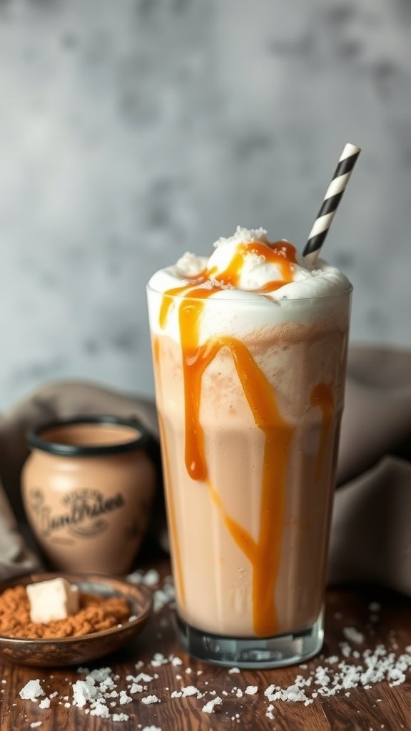 A tall glass of salted caramel frappe topped with whipped cream and caramel drizzle, with a striped straw.