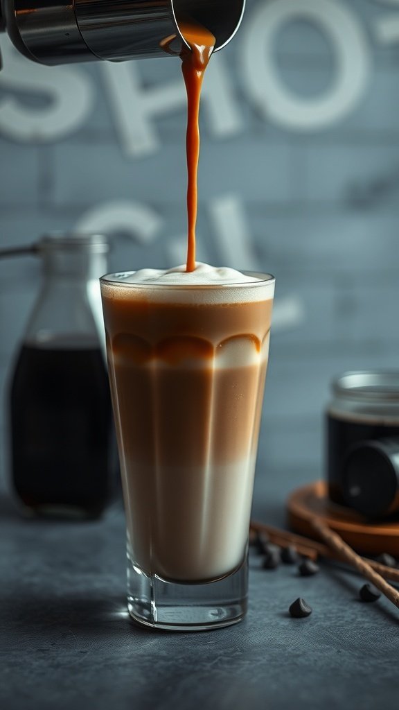 Espresso shot being poured into a glass with layered coffee and cream