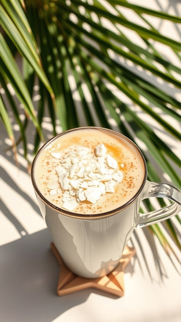 A delicious coconut cappuccino topped with toasted coconut flakes, set against a backdrop of tropical palm leaves.
