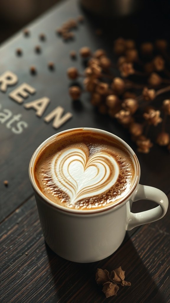A beautifully crafted cappuccino with latte art in a white cup on a wooden table.