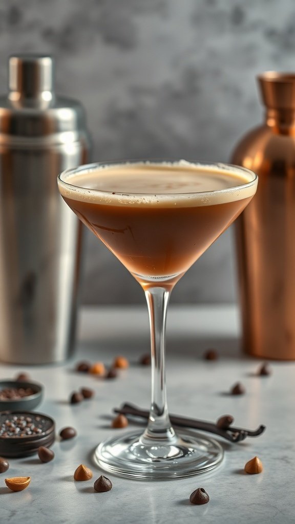 A Vanilla Coffee Martini in a glass, surrounded by chocolate chips and coffee beans.