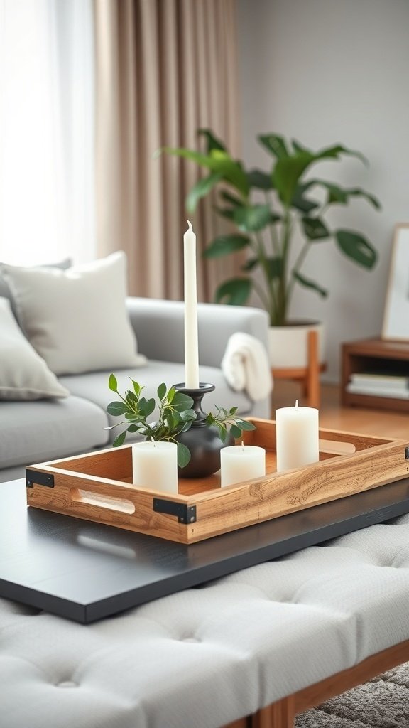 Scandinavian-inspired Christmas coffee table decor with candles and greenery.