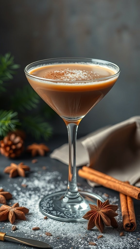 A spiced coffee martini garnished with cinnamon and surrounded by spices.