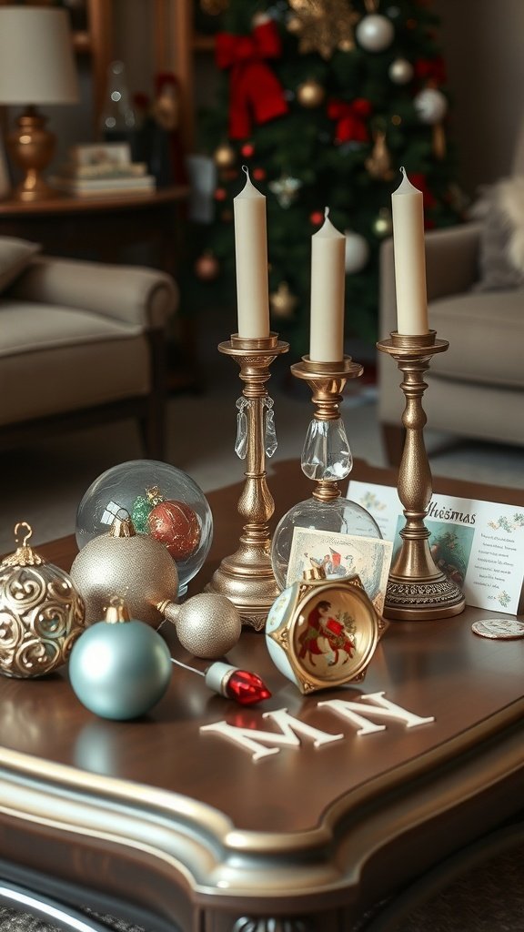 A vintage Christmas coffee table decorated with retro ornaments and candles.