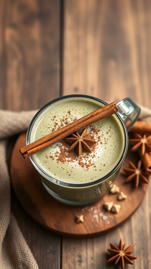 A spiced matcha latte topped with cinnamon and clove, served in a glass mug.