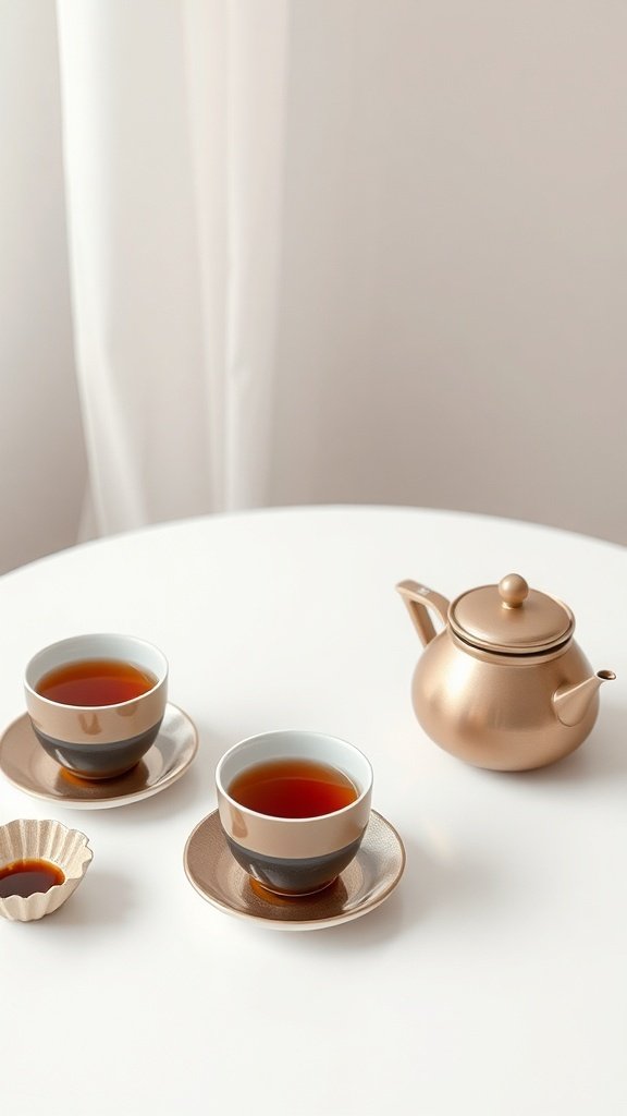 Minimalist tea setup with two cups and a teapot on a white table