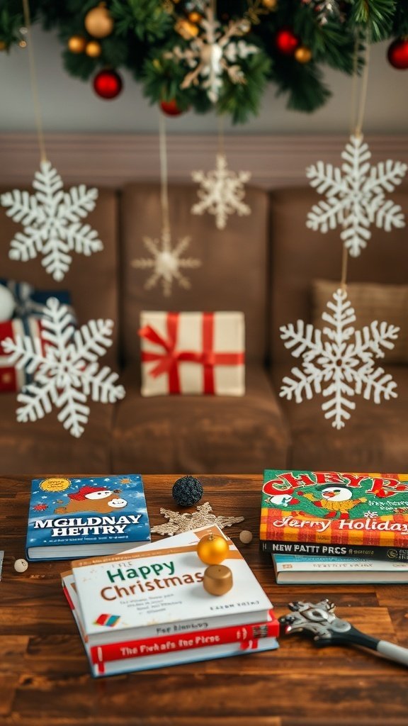 A cozy Christmas coffee table decorated with colorful books, ornaments, and snowflakes.