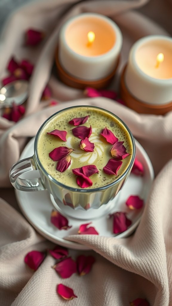 A matcha latte topped with rose petals, surrounded by candles and soft fabric.