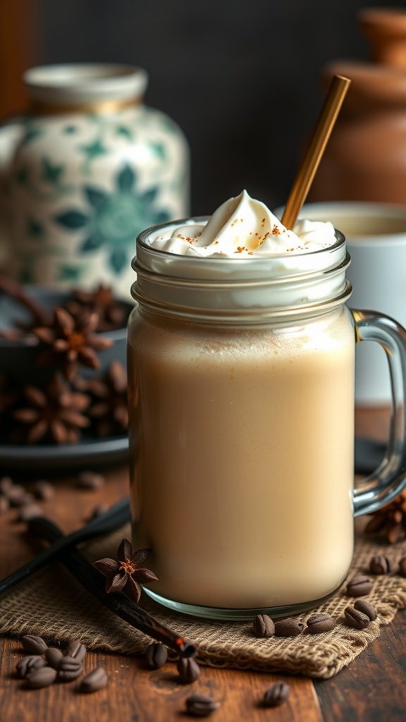 A delicious vanilla coffee frappe topped with whipped cream and cinnamon, surrounded by coffee beans.