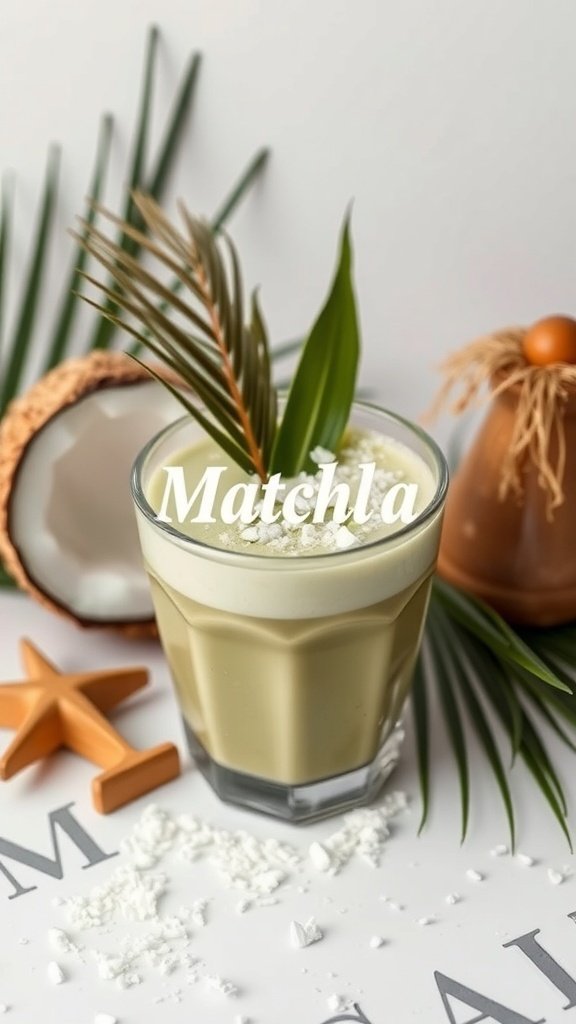 Coconut Matcha Latte with tropical elements
