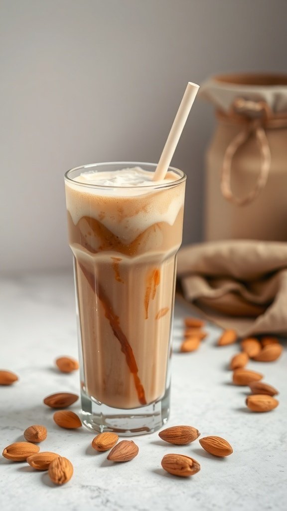 A tall glass of Almond Milk Coffee Frappe with whipped cream and caramel drizzle, surrounded by almonds.