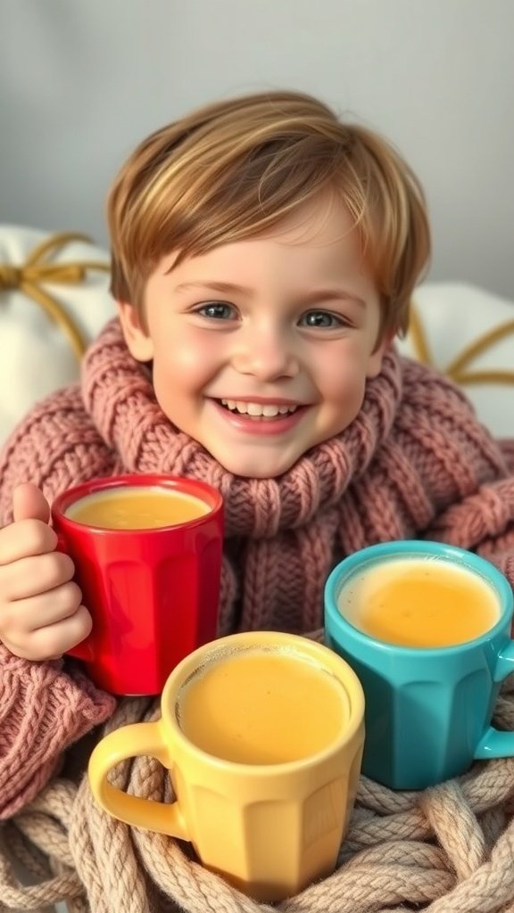 Two children enjoying golden milk turmeric lattes in colorful mugs.