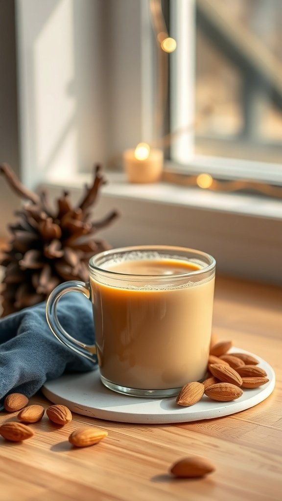 A cup of Almond Bulletproof Coffee on a white plate with scattered almonds, set against a cozy window background.