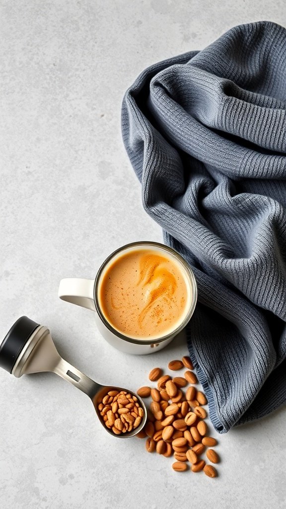 A cup of coffee with protein powder and coffee beans on a gray background