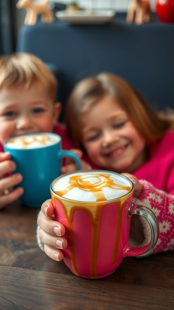 Two children holding colorful mugs of caramel frappe, smiling happily.