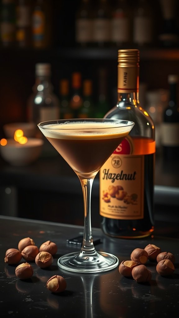 A Hazelnut Coffee Martini with hazelnuts scattered around, showcasing its creamy texture and inviting color.