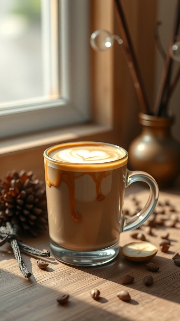 A cup of Vanilla Bulletproof Coffee with caramel drizzle, surrounded by coffee beans.