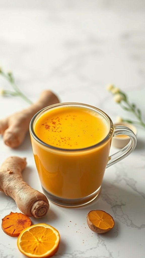 A cozy cup of golden milk turmeric latte with fresh turmeric and orange slices.