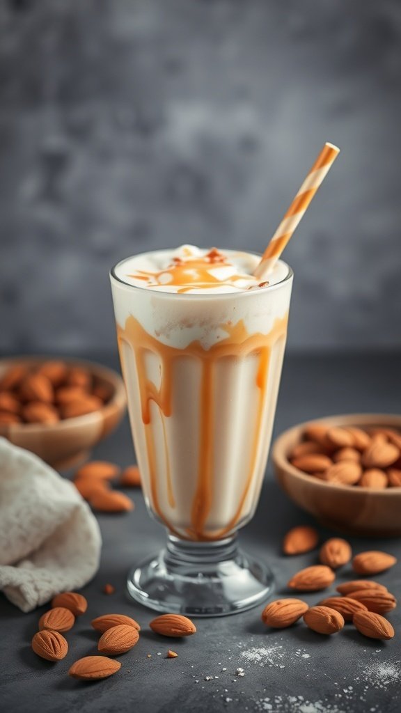 A creamy Almond Caramel Frappe in a glass with a straw, surrounded by almonds.