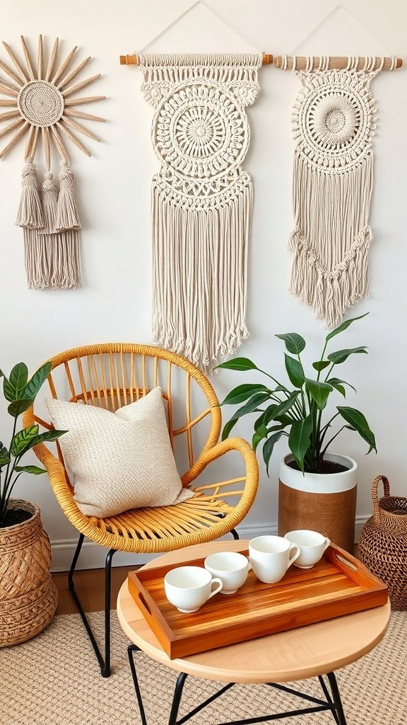 Boho-inspired tea corner with rattan chair, wooden tray, and macrame wall decor.