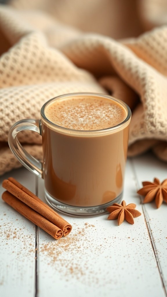 A cozy cup of cinnamon bulletproof coffee with cinnamon sticks and star anise on a wooden table.