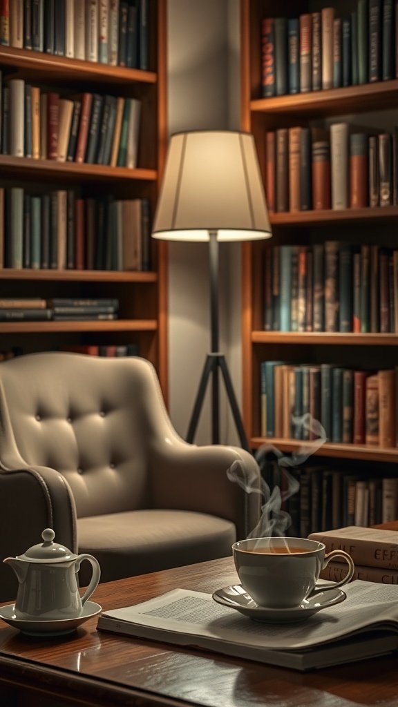 Cozy library-style tea corner with books, a steaming cup of tea, and a comfortable chair.