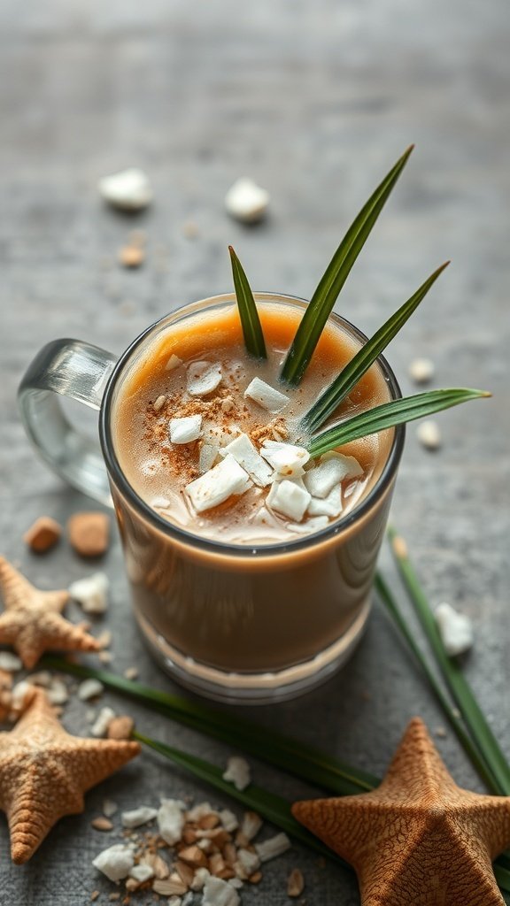 A glass of Coconut Bulletproof Coffee topped with coconut flakes and garnished with green grass-like leaves, surrounded by starfish and coconut pieces.