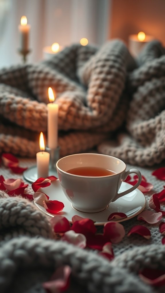 A cozy tea corner with a cup of tea, candles, and rose petals on a soft blanket.