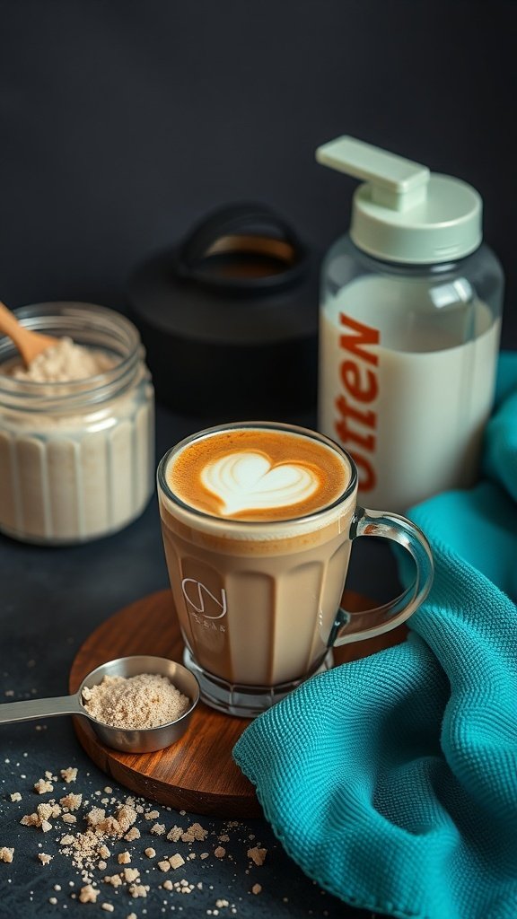 A delicious protein cappuccino with a heart design on top, surrounded by ingredients for a post-workout recovery drink.