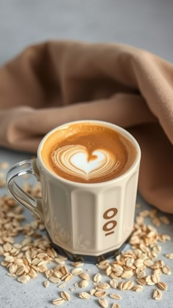 A beautifully crafted oat milk cappuccino with a heart design on top, surrounded by oats.