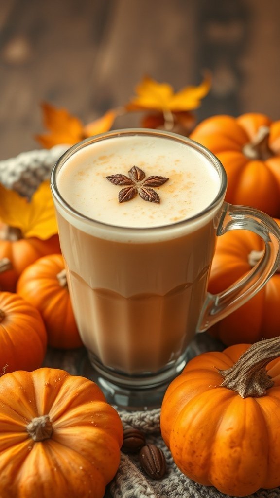 A warm golden milk turmeric latte surrounded by pumpkins and autumn leaves.