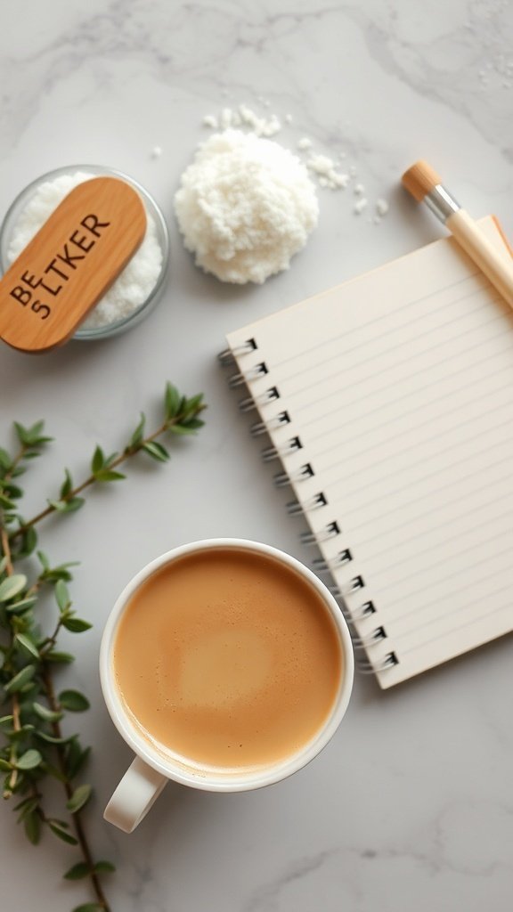 A cozy setup with a cup of golden milk turmeric latte, a notebook, and some salt.