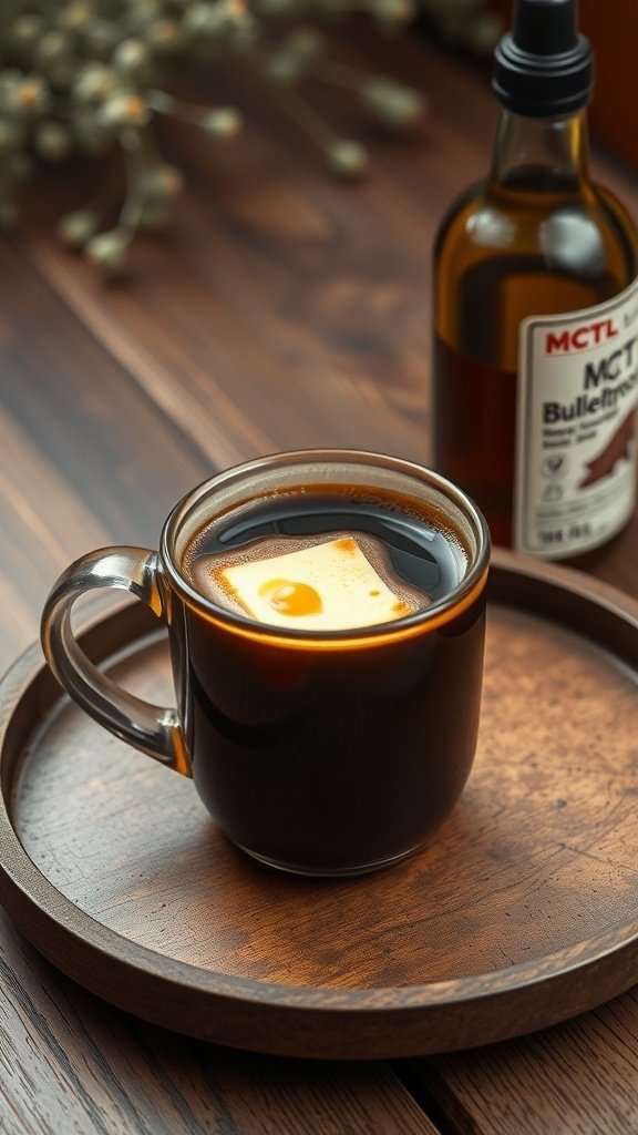 A cup of Bulletproof coffee with butter and MCT oil on a wooden tray